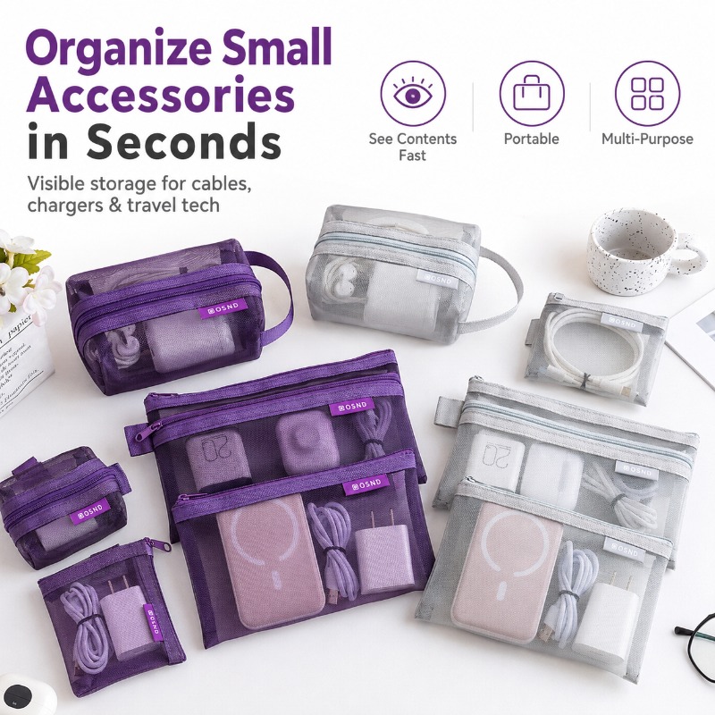 Tech Accessories Travel Organizer Pouch - 6 adet taşınabilir örgü teknoloji aksesuar