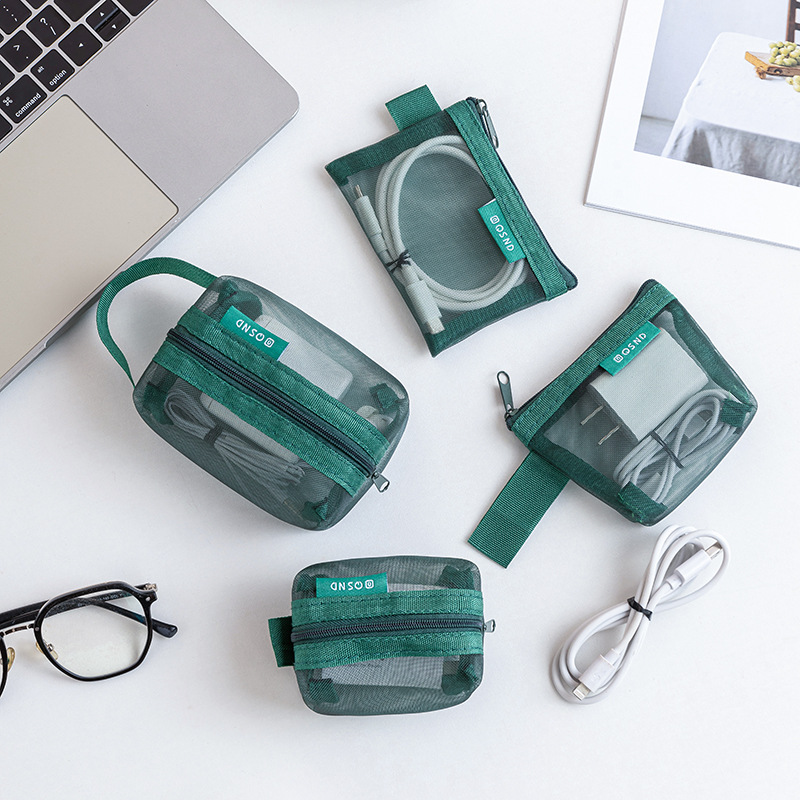 Travel Cable Organizer - Şeffaf ağ desenli veri kablosu saklama