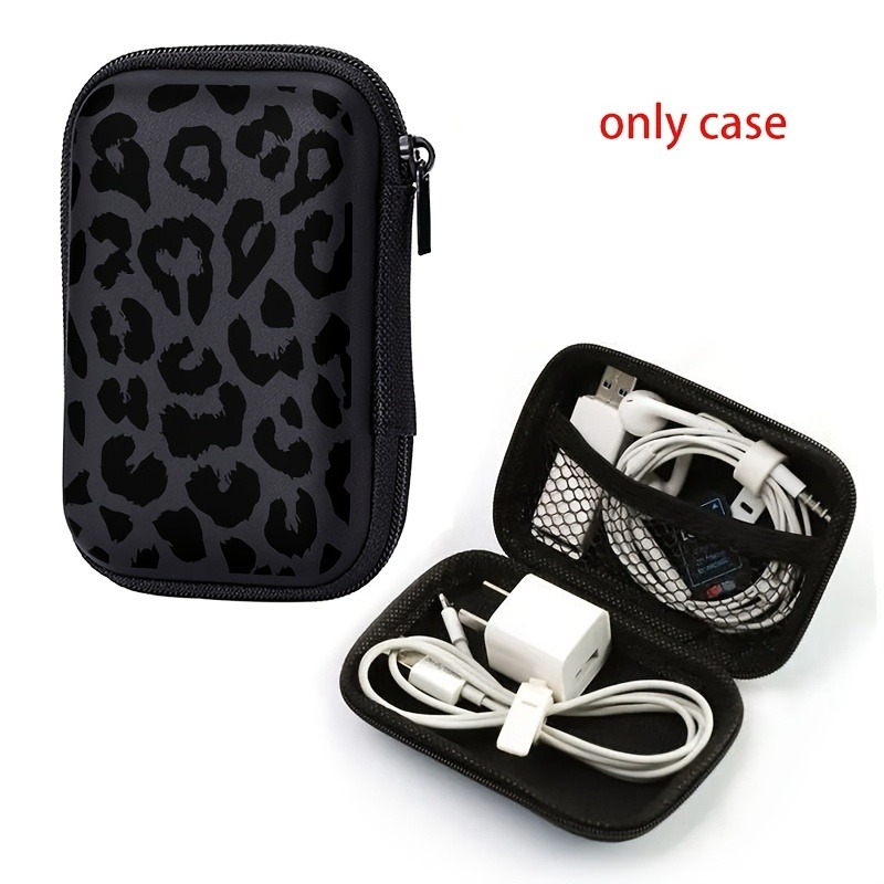 Travel Cable Organizer - Siyah Leopar Desenli EVA Sert Kabuklu